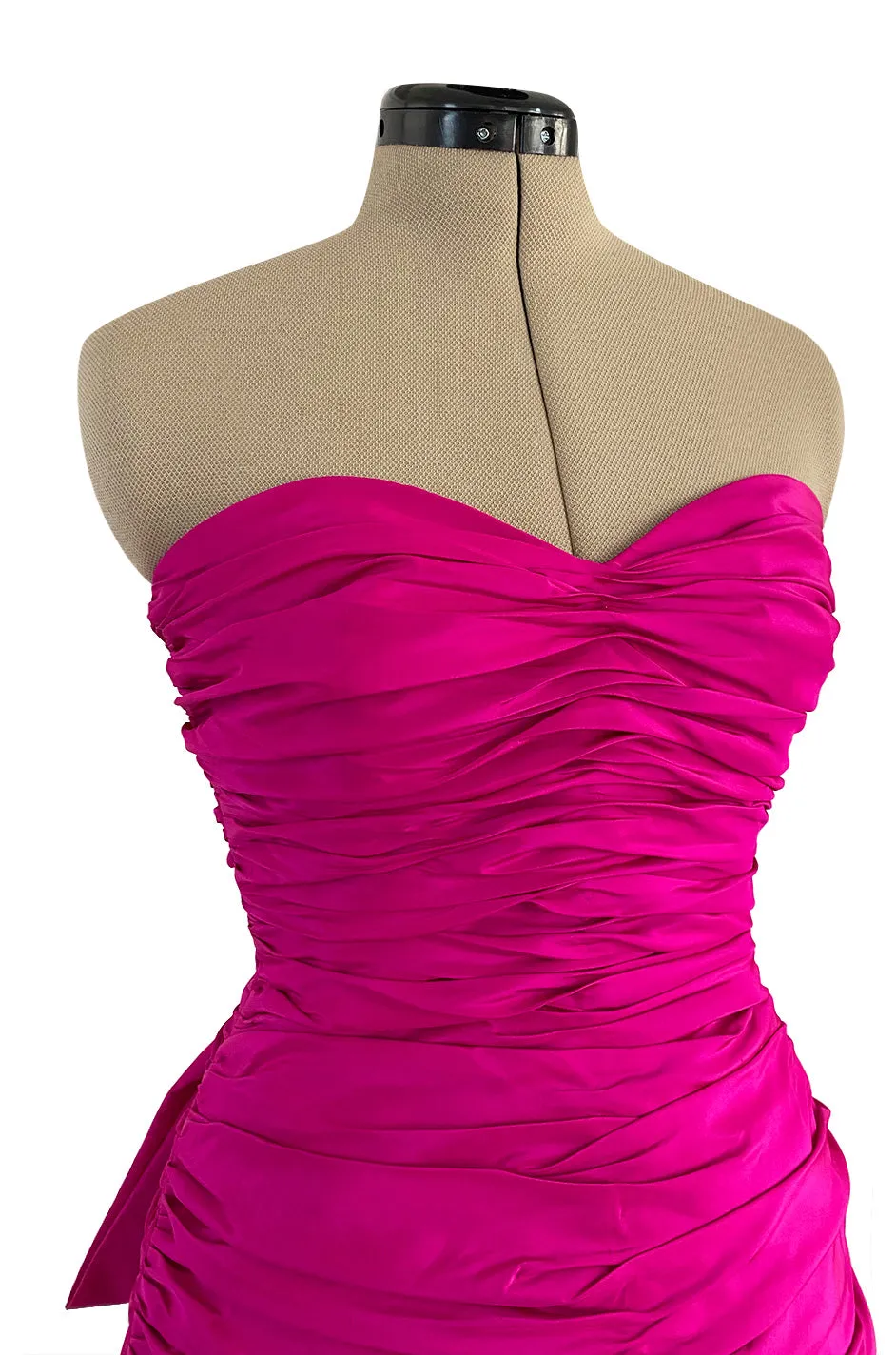 1980s Loris Azzaro Strapless Pink Silk Taffeta Mini Dress w Bustled Three Bow Back