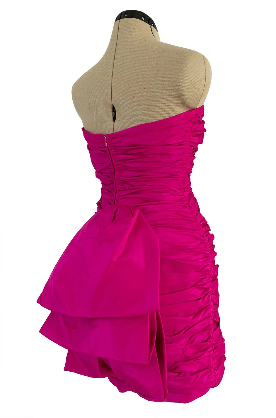 1980s Loris Azzaro Strapless Pink Silk Taffeta Mini Dress w Bustled Three Bow Back