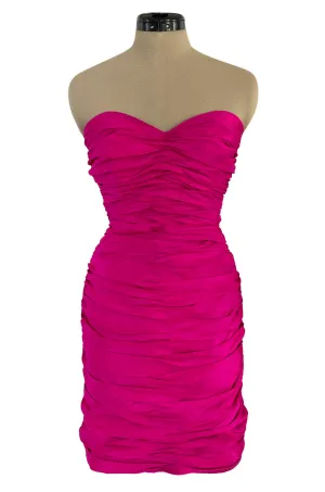 1980s Loris Azzaro Strapless Pink Silk Taffeta Mini Dress w Bustled Three Bow Back