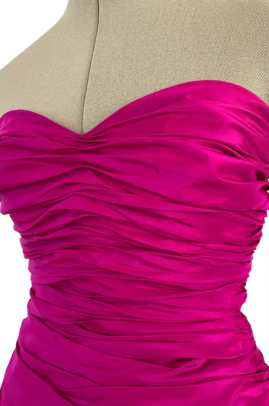 1980s Loris Azzaro Strapless Pink Silk Taffeta Mini Dress w Bustled Three Bow Back