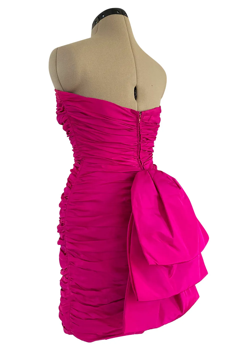 1980s Loris Azzaro Strapless Pink Silk Taffeta Mini Dress w Bustled Three Bow Back