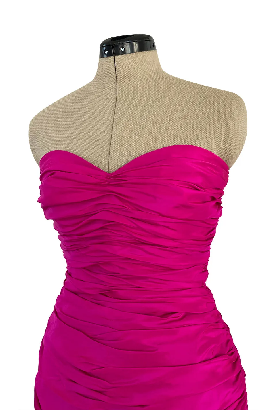 1980s Loris Azzaro Strapless Pink Silk Taffeta Mini Dress w Bustled Three Bow Back