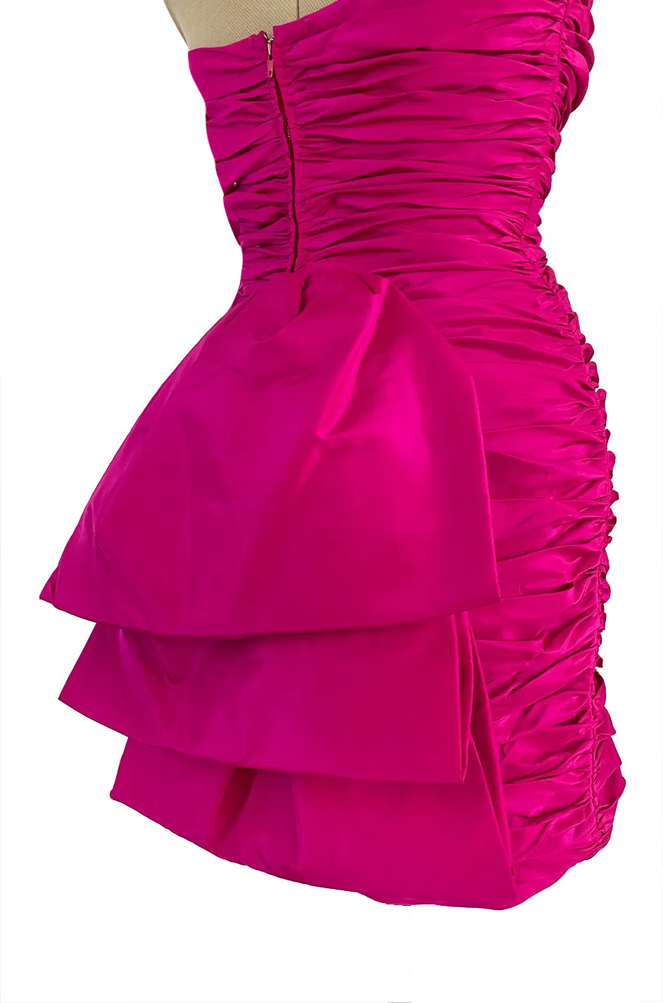 1980s Loris Azzaro Strapless Pink Silk Taffeta Mini Dress w Bustled Three Bow Back