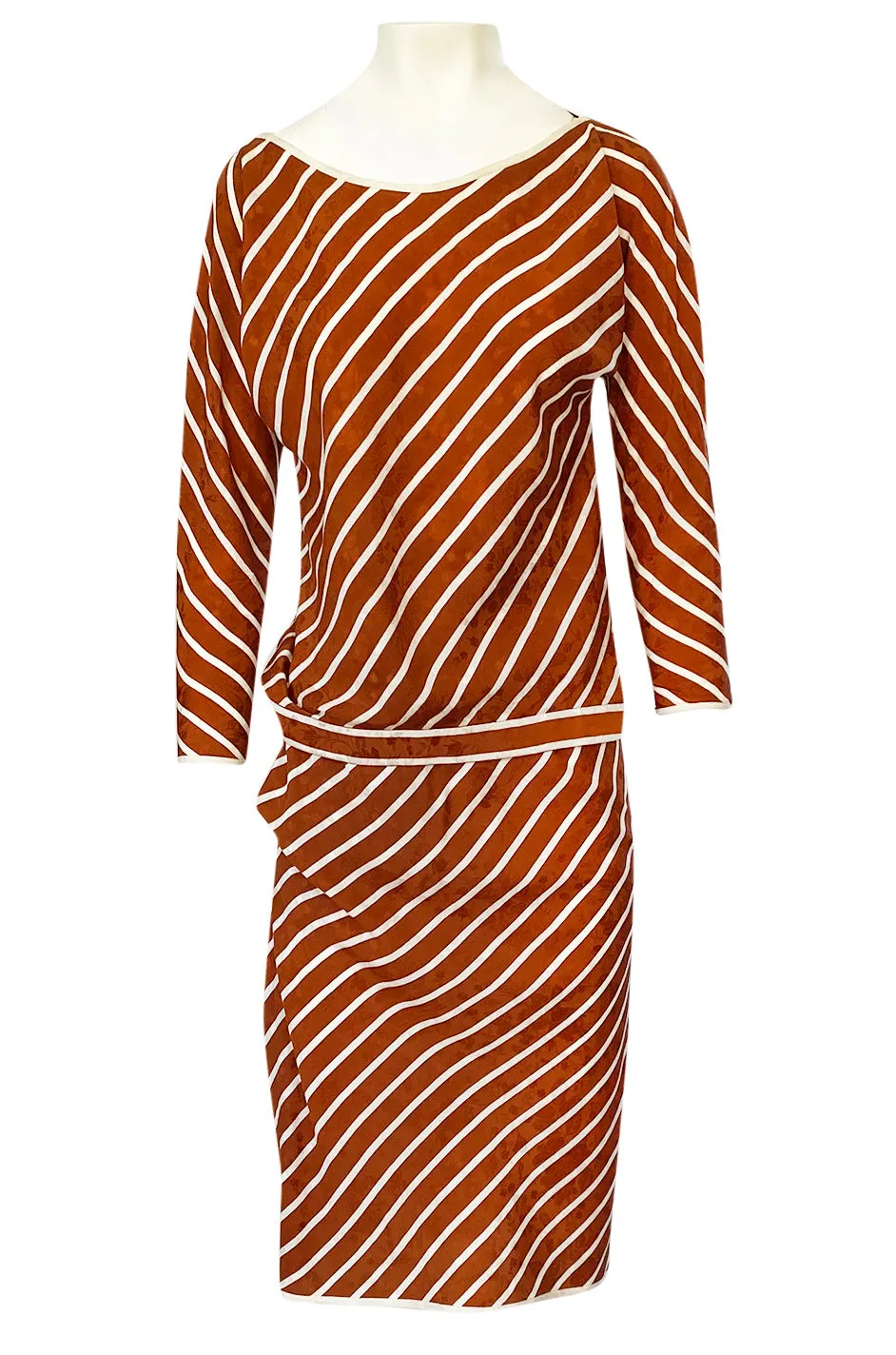 1980s Oscar de la Renta Rust and White Striped Silk Top & Skirt Set