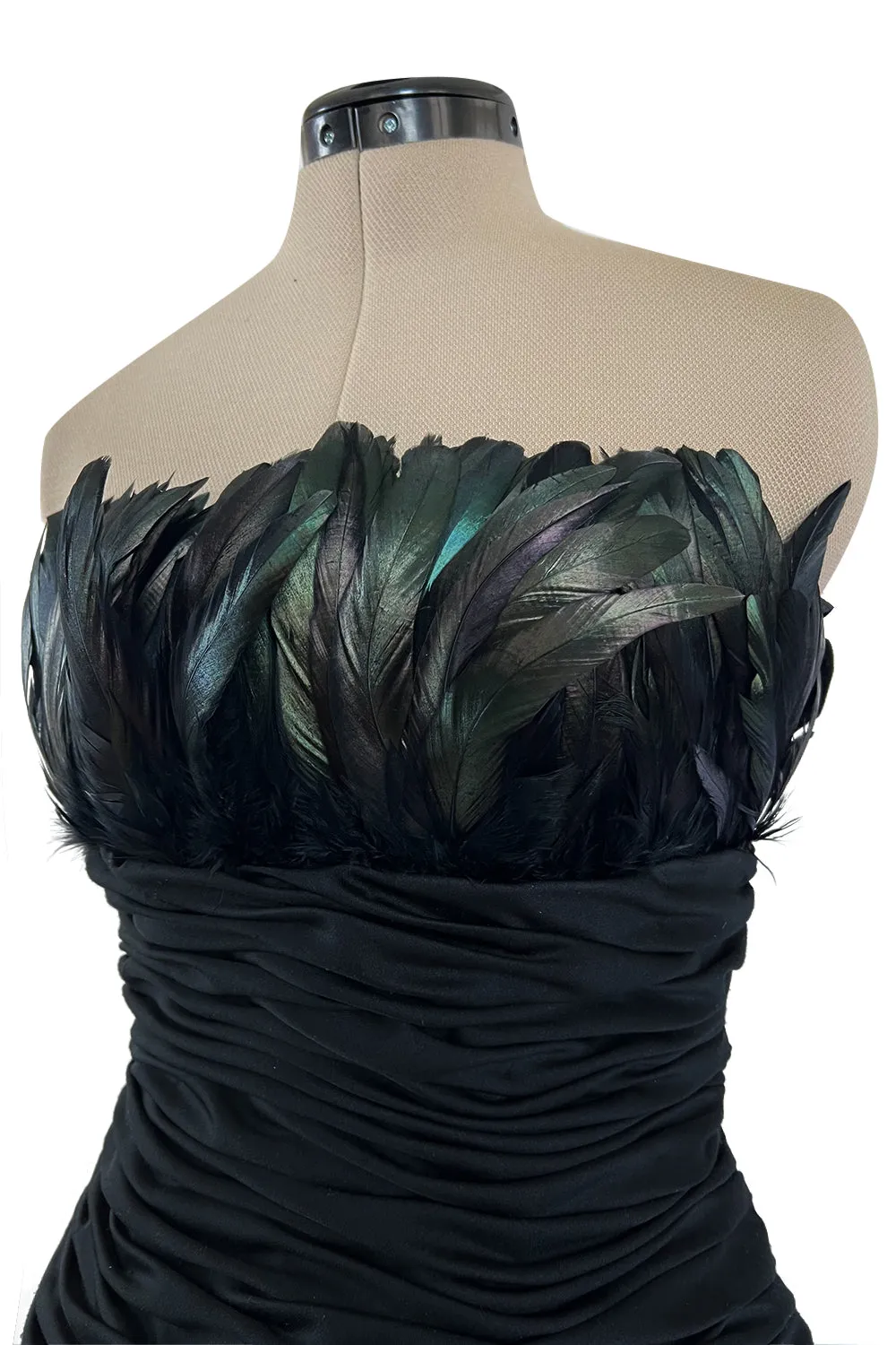 1980s Victor Costa Strapless Jersey Dress w Iridescent Feather Bodice Detail