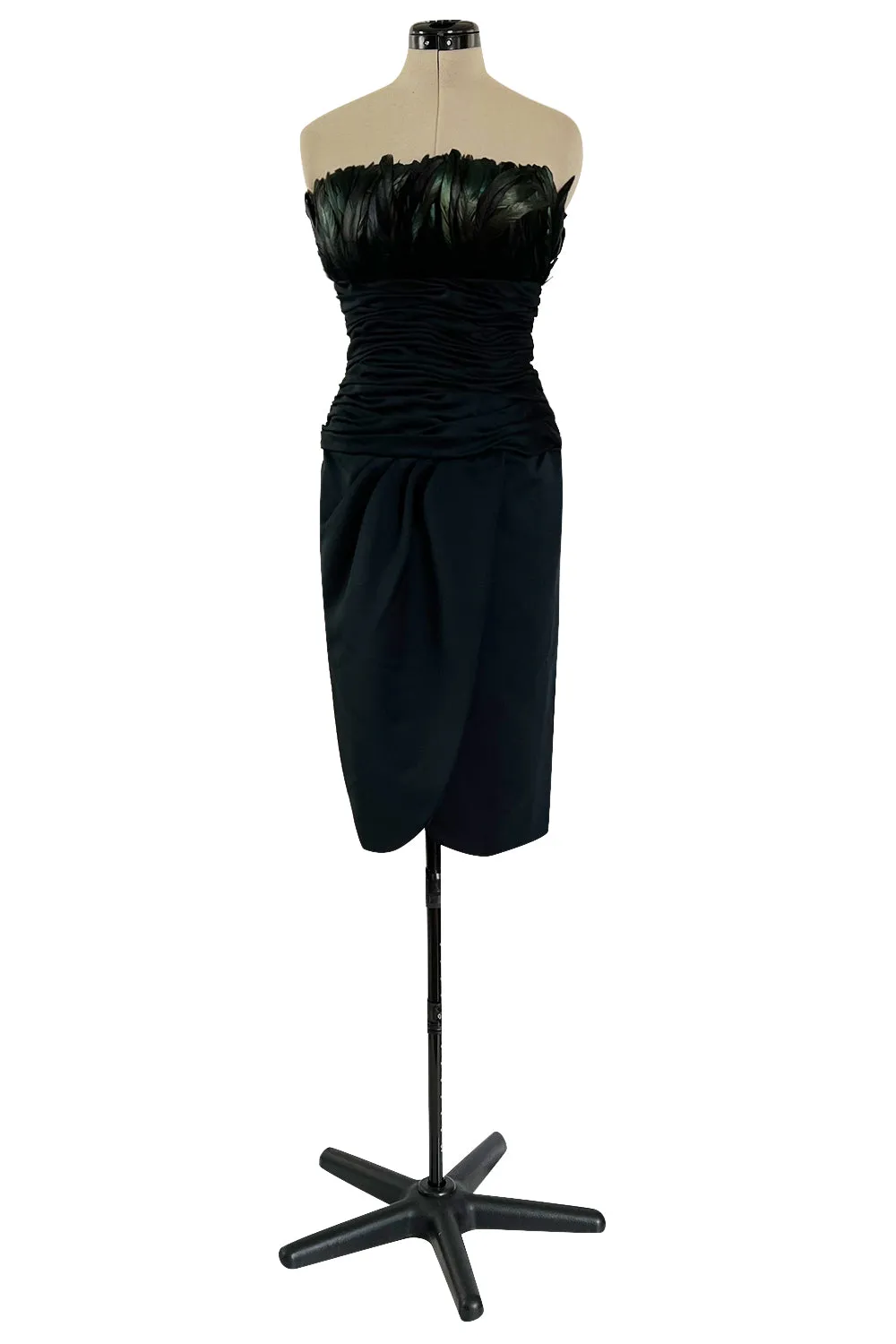 1980s Victor Costa Strapless Jersey Dress w Iridescent Feather Bodice Detail
