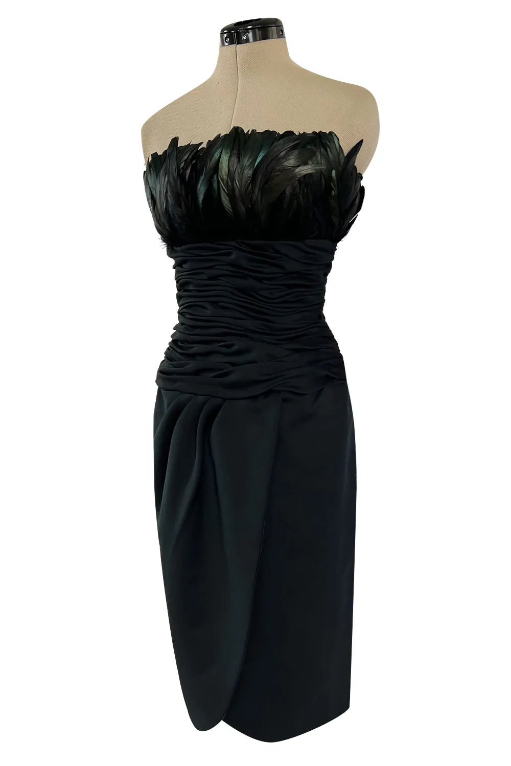 1980s Victor Costa Strapless Jersey Dress w Iridescent Feather Bodice Detail