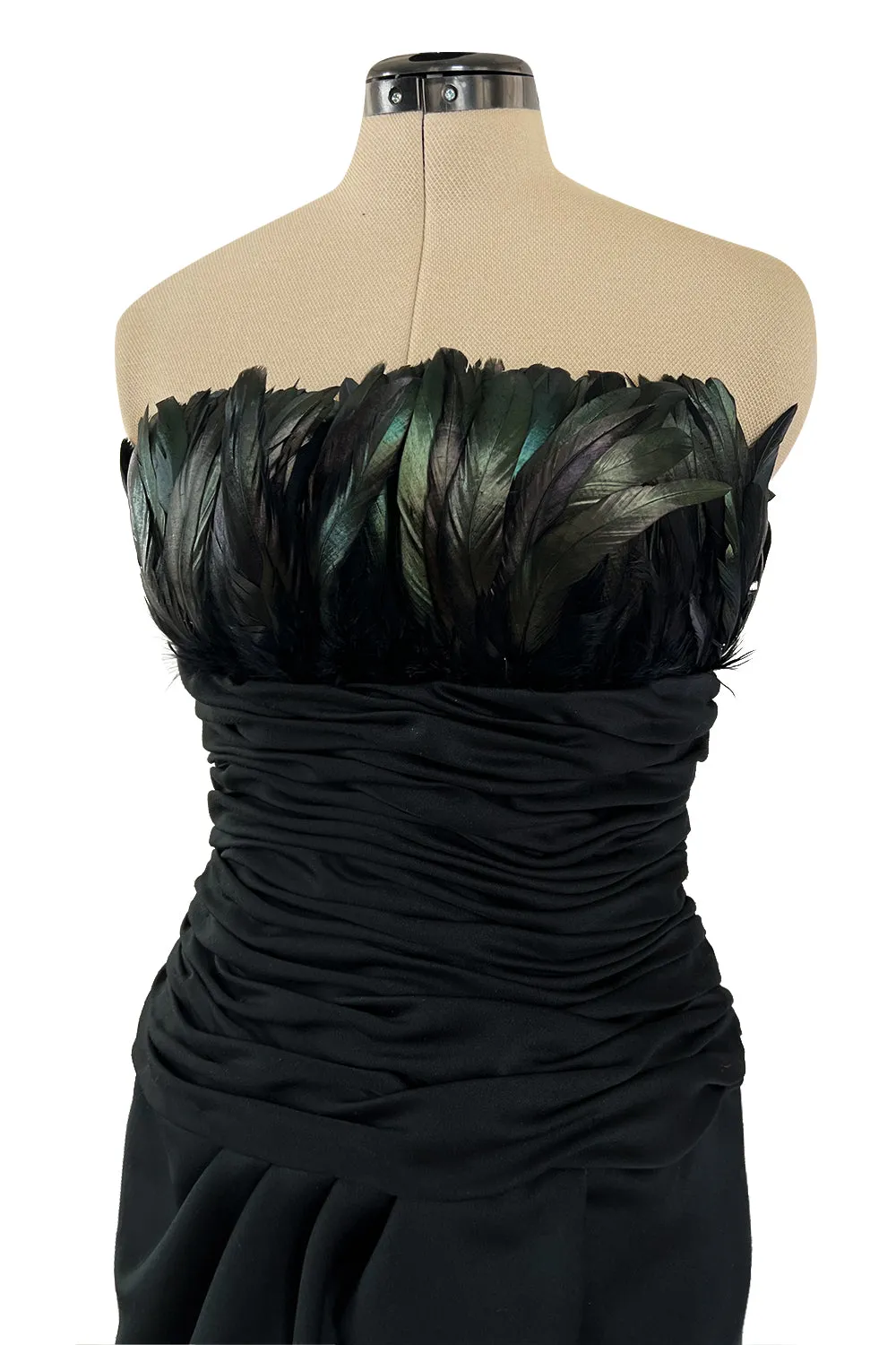 1980s Victor Costa Strapless Jersey Dress w Iridescent Feather Bodice Detail