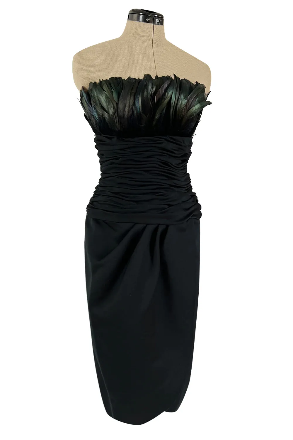 1980s Victor Costa Strapless Jersey Dress w Iridescent Feather Bodice Detail