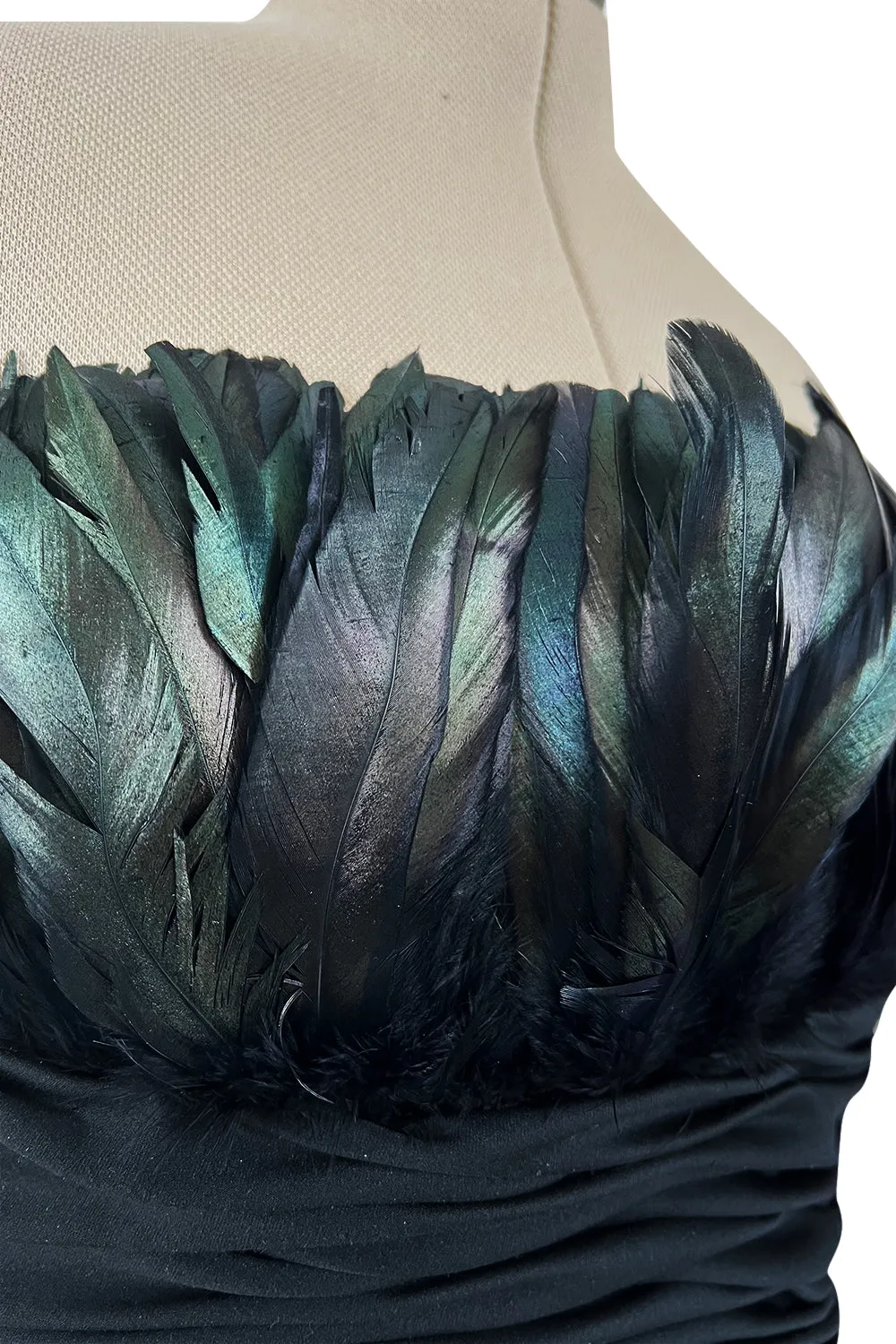 1980s Victor Costa Strapless Jersey Dress w Iridescent Feather Bodice Detail