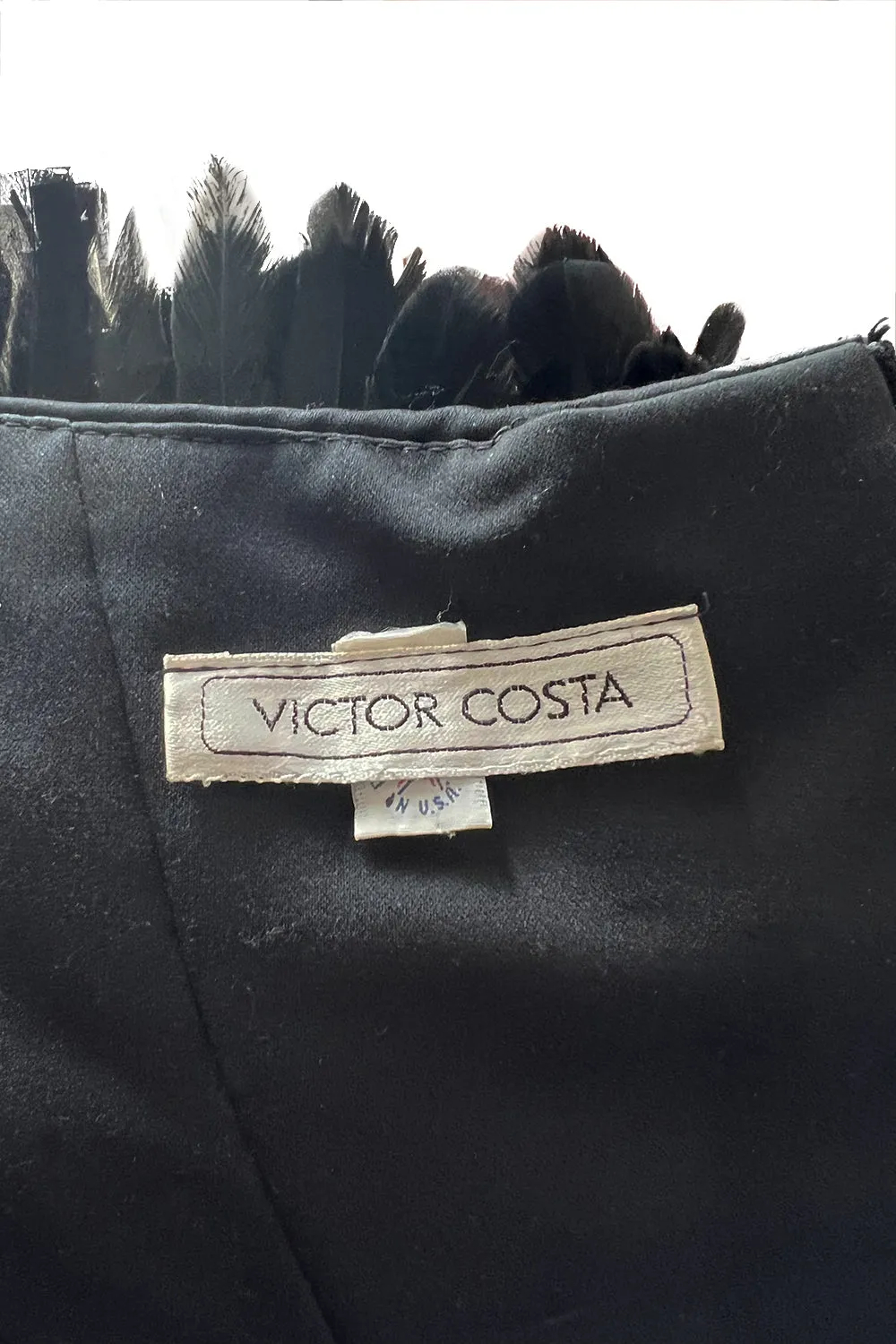 1980s Victor Costa Strapless Jersey Dress w Iridescent Feather Bodice Detail