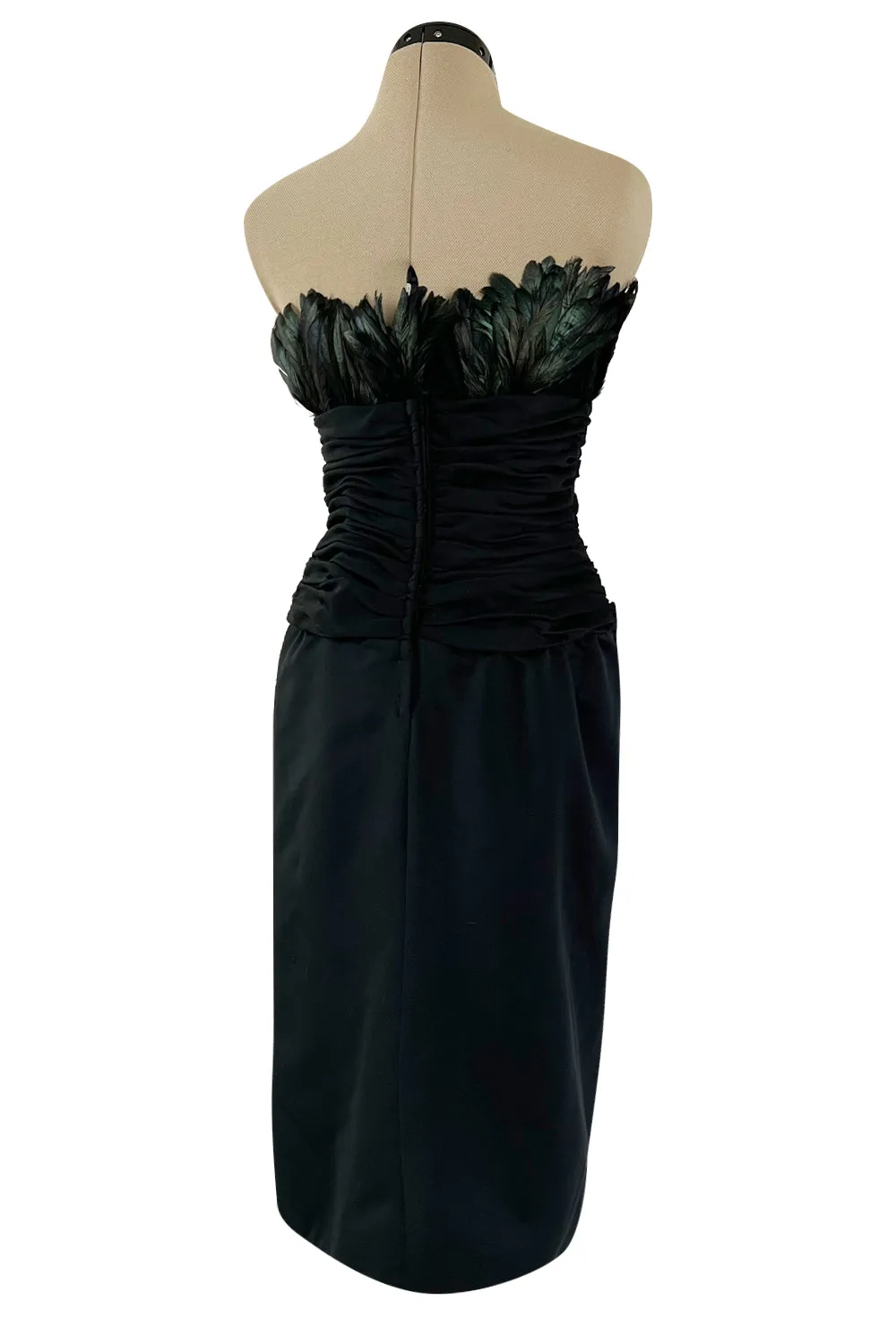 1980s Victor Costa Strapless Jersey Dress w Iridescent Feather Bodice Detail