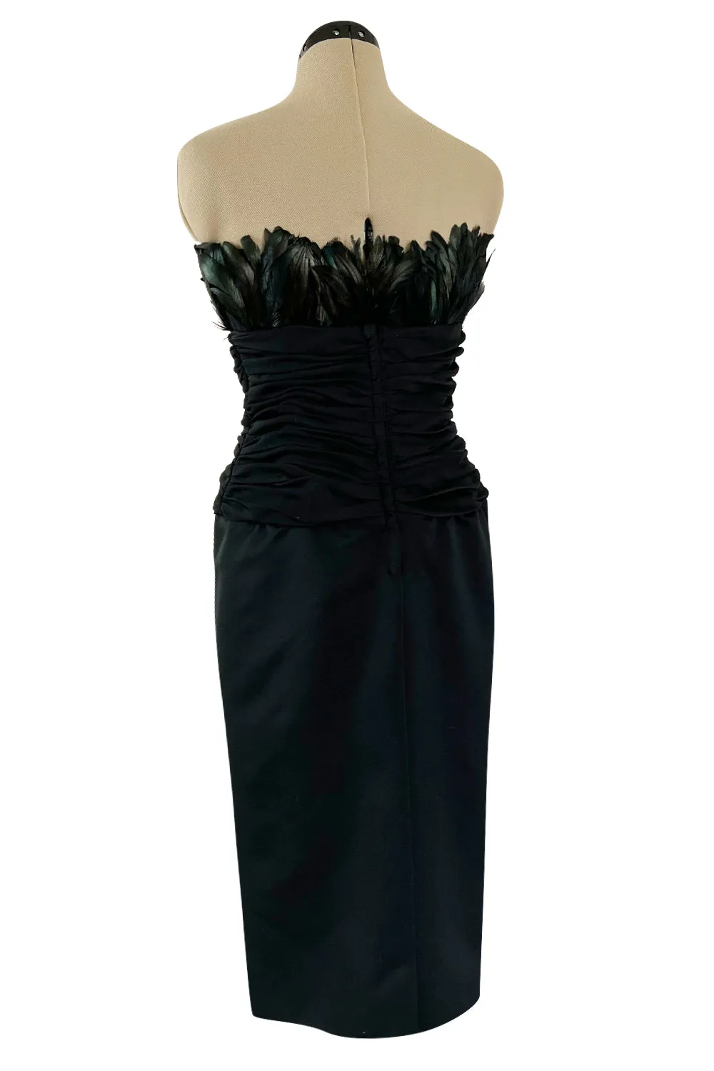 1980s Victor Costa Strapless Jersey Dress w Iridescent Feather Bodice Detail