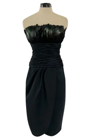 1980s Victor Costa Strapless Jersey Dress w Iridescent Feather Bodice Detail