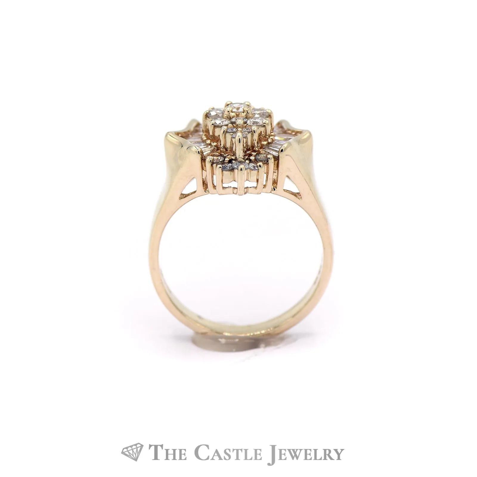 1CTTW Ornate Round and Baguette Cut Diamond Cluster Ring in 14KT Yellow Gold
