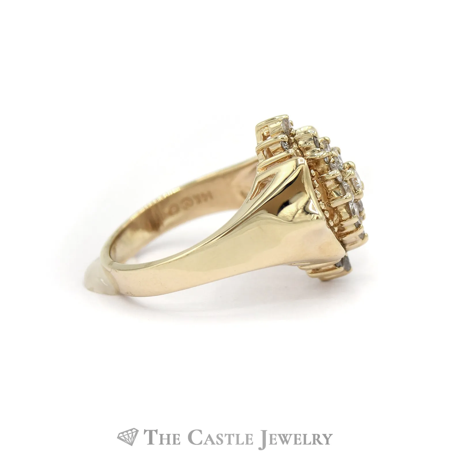 1CTTW Ornate Round and Baguette Cut Diamond Cluster Ring in 14KT Yellow Gold