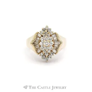 1CTTW Ornate Round and Baguette Cut Diamond Cluster Ring in 14KT Yellow Gold