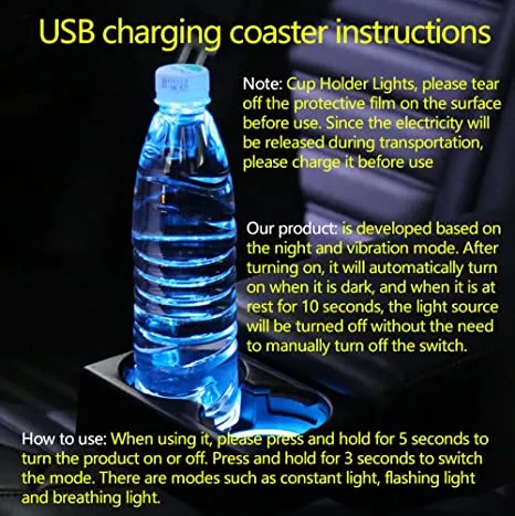 2pcs LED Car Cup Holder Lights For Car,7 Colors Changing USB Charging Mat Luminescent Cup Pad, LED Interior Atmosphere Lamp