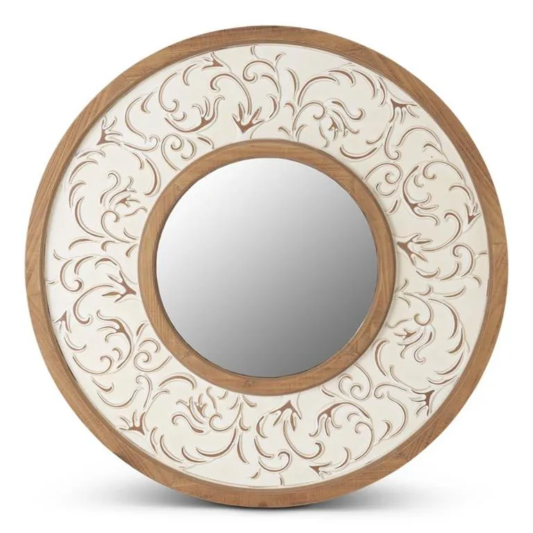 31.5" Natural and Whitewashed Ornate Round Mirror