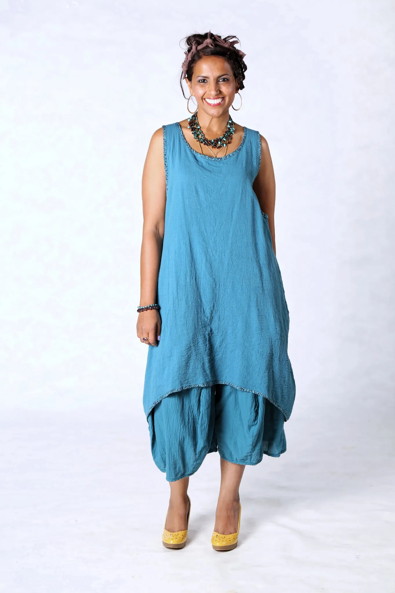 6207 Gauze Shift w/Floral Trim-Teal-U