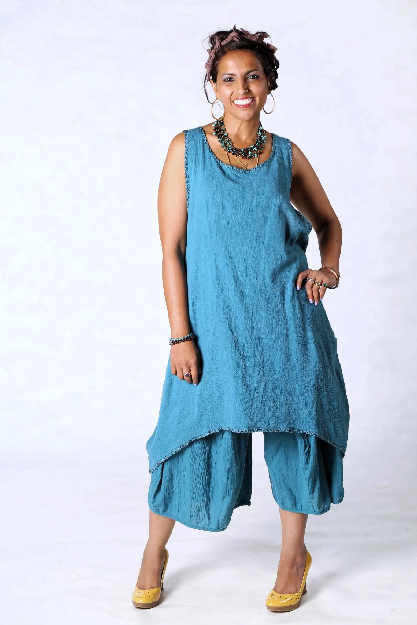 6207 Gauze Shift w/Floral Trim-Teal-U