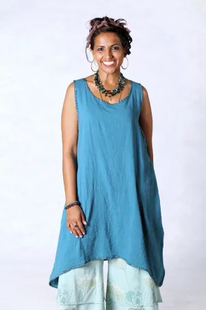 6207 Gauze Shift w/Floral Trim-Teal-U