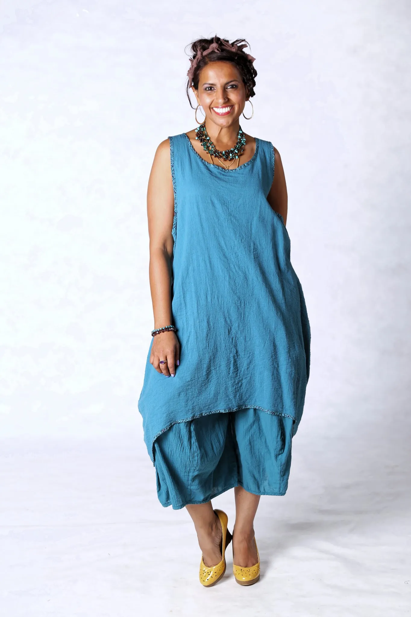 6207 Gauze Shift w/Floral Trim-Teal-U
