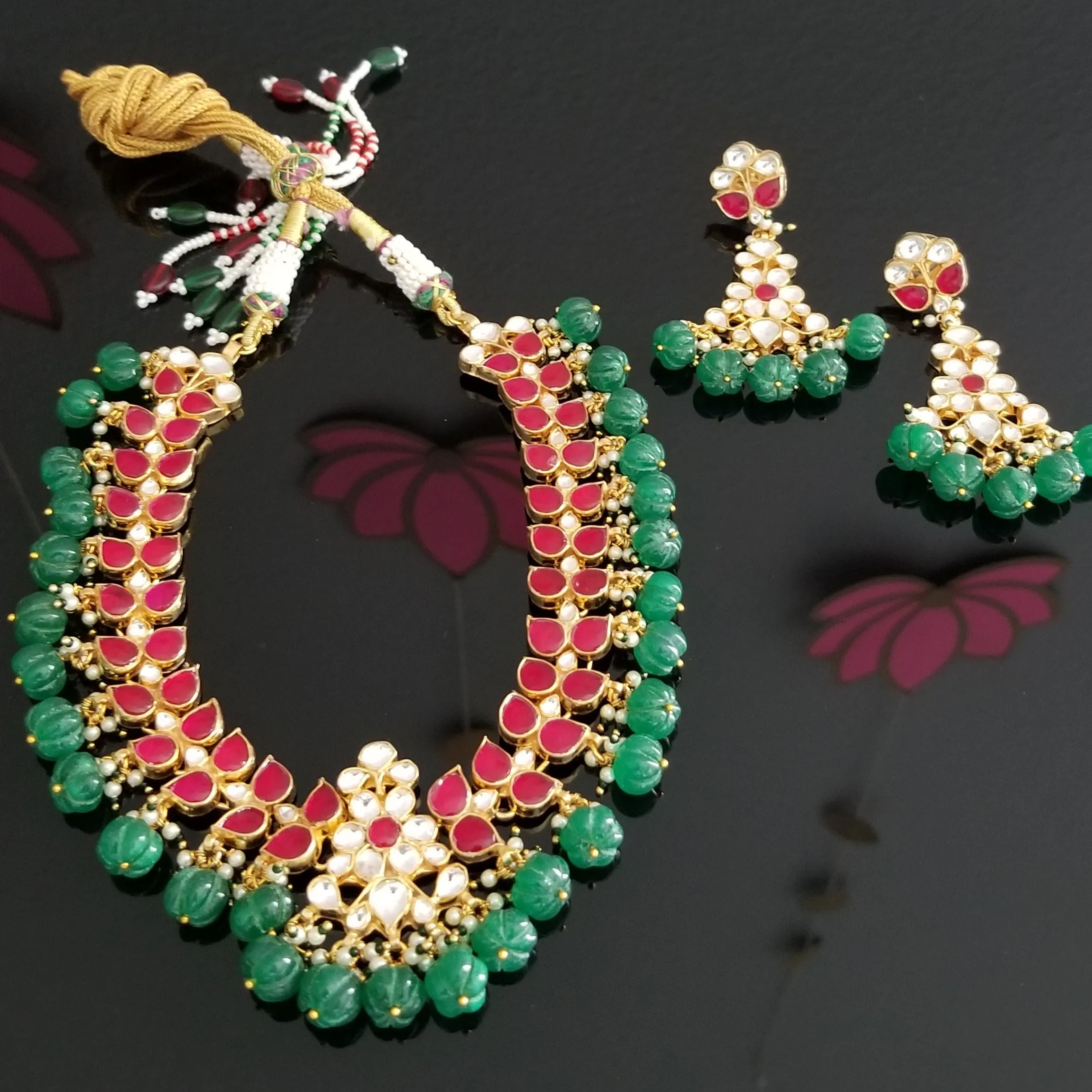 Ahemdabadi Kundan Hard Gold Plated Necklace Set 22120