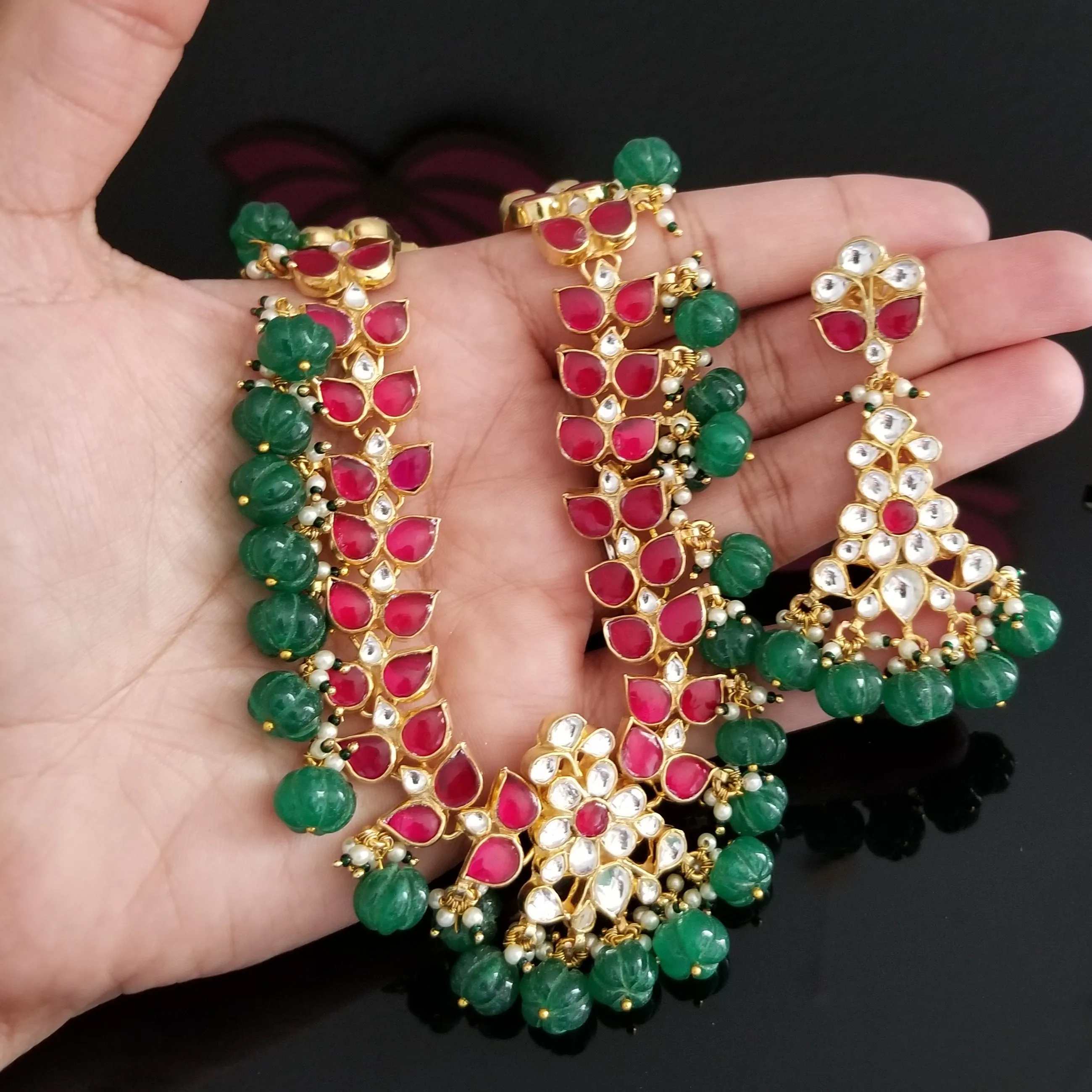 Ahemdabadi Kundan Hard Gold Plated Necklace Set 22120