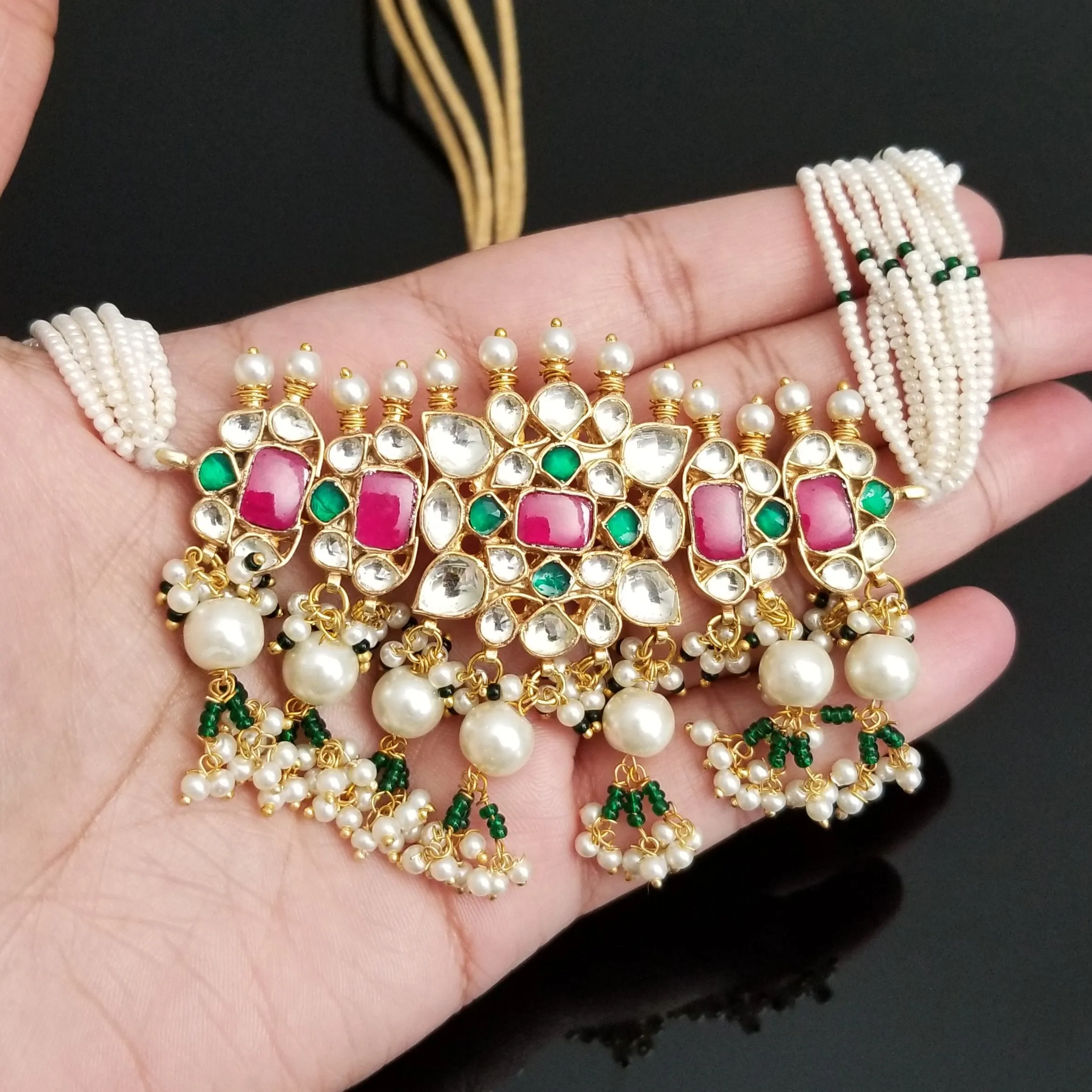 Ahemdabadi Kundan Hard Gold Plated Pearl Necklace Set BT28