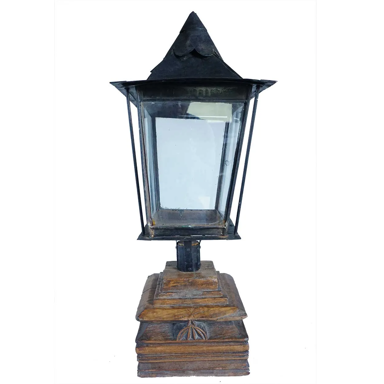 Anglo Indian Black Toleware, Glass Post Lantern on Teak Base