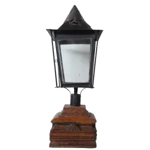 Anglo Indian Black Toleware, Glass Post Lantern on Teak Base