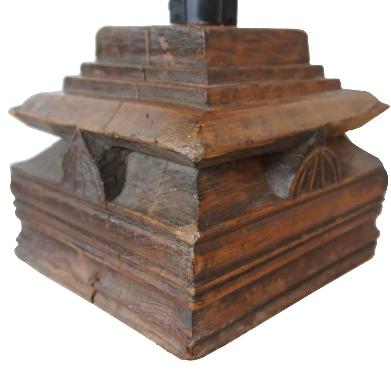 Anglo Indian Black Toleware, Glass Post Lantern on Teak Base