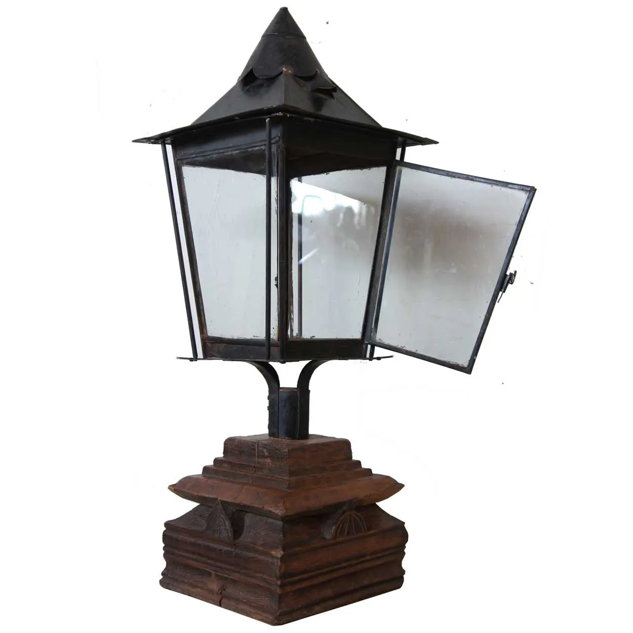 Anglo Indian Black Toleware, Glass Post Lantern on Teak Base