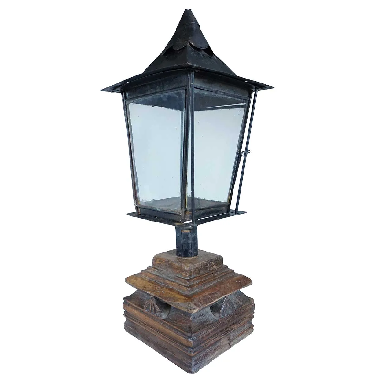 Anglo Indian Black Toleware, Glass Post Lantern on Teak Base