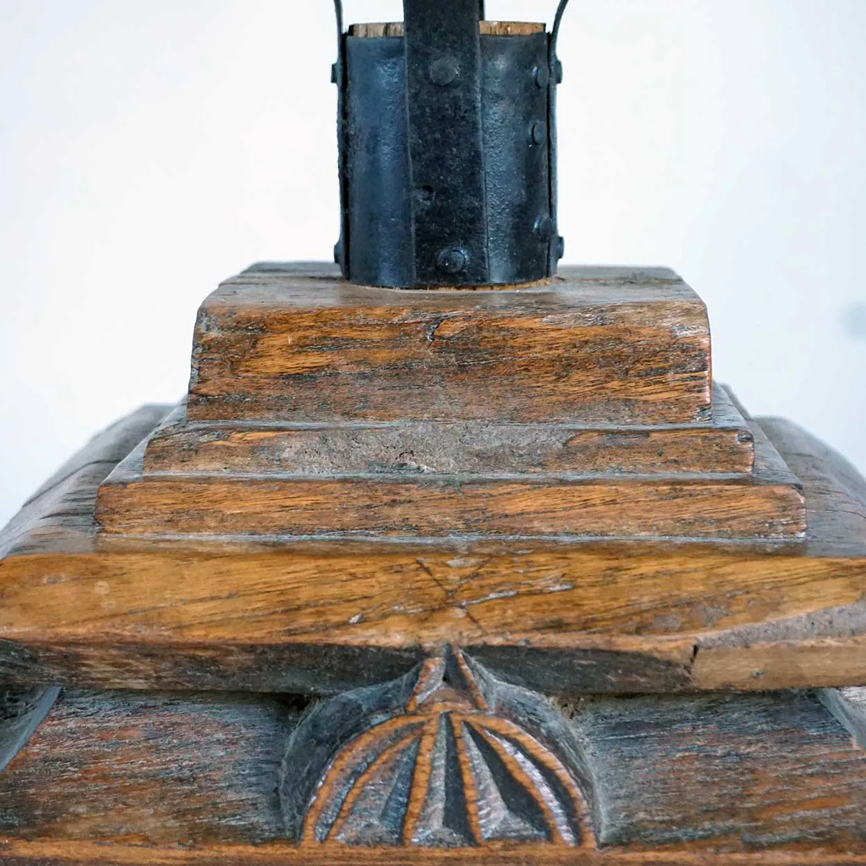 Anglo Indian Black Toleware, Glass Post Lantern on Teak Base