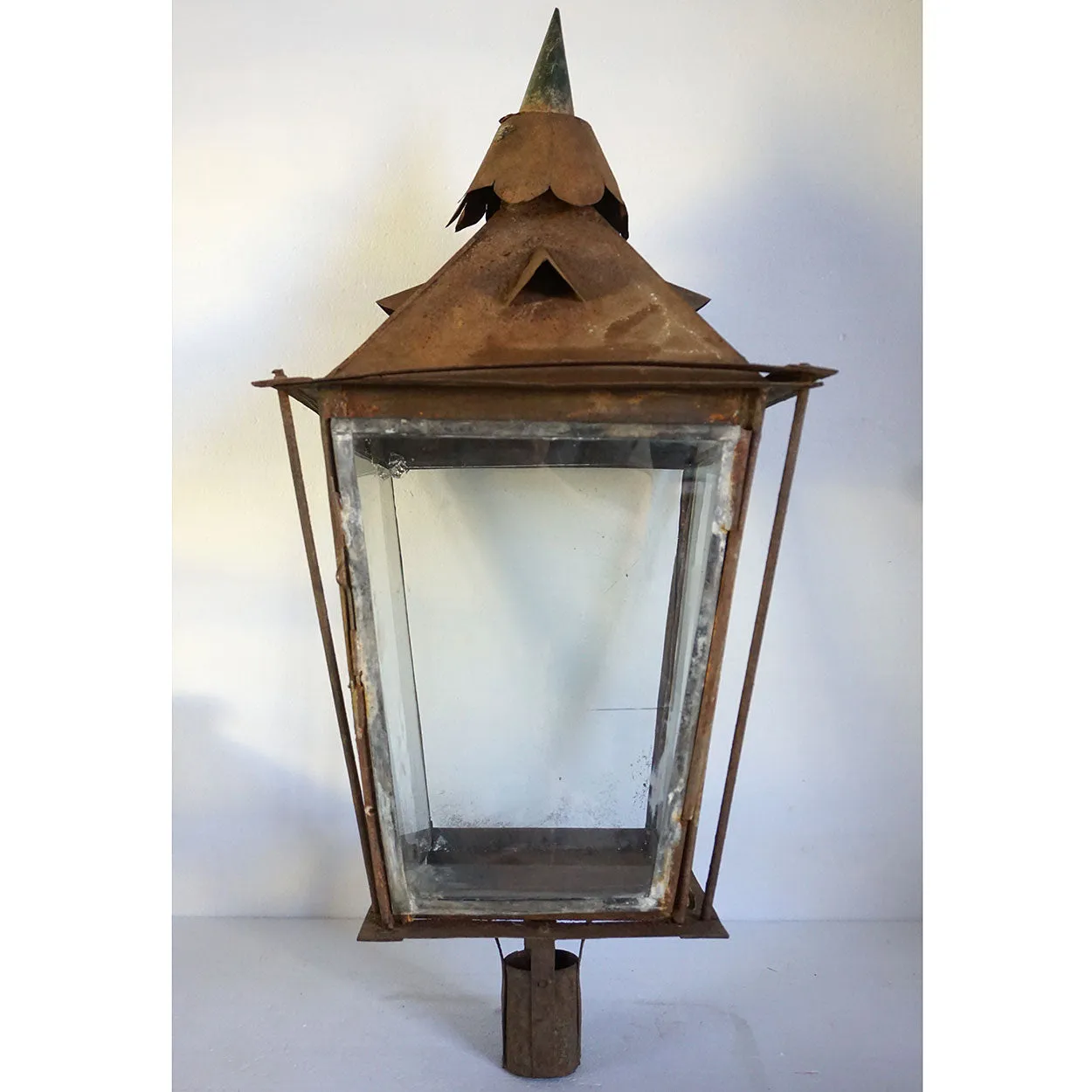 Anglo Indian Sheet Iron and Glass Post Lamp Lantern