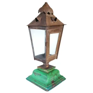 Anglo Indian Toleware, Glass, Painted Teak Base Candle Post Lantern