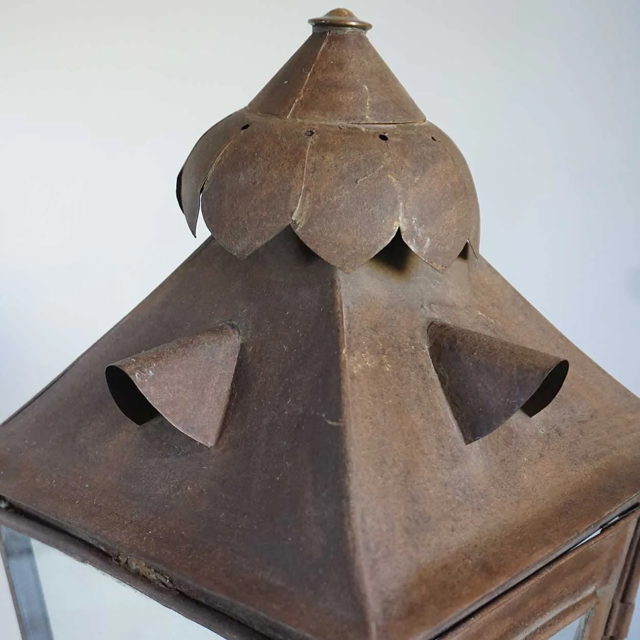 Anglo Indian Toleware, Glass, Painted Teak Base Candle Post Lantern