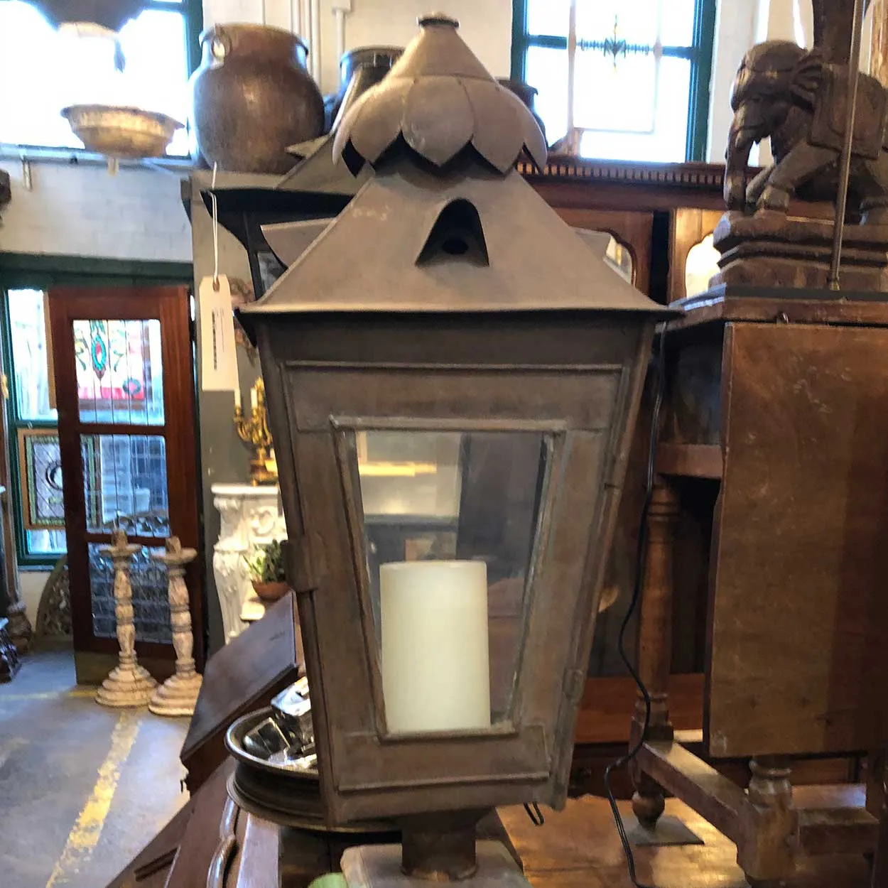 Anglo Indian Toleware, Glass, Painted Teak Base Candle Post Lantern