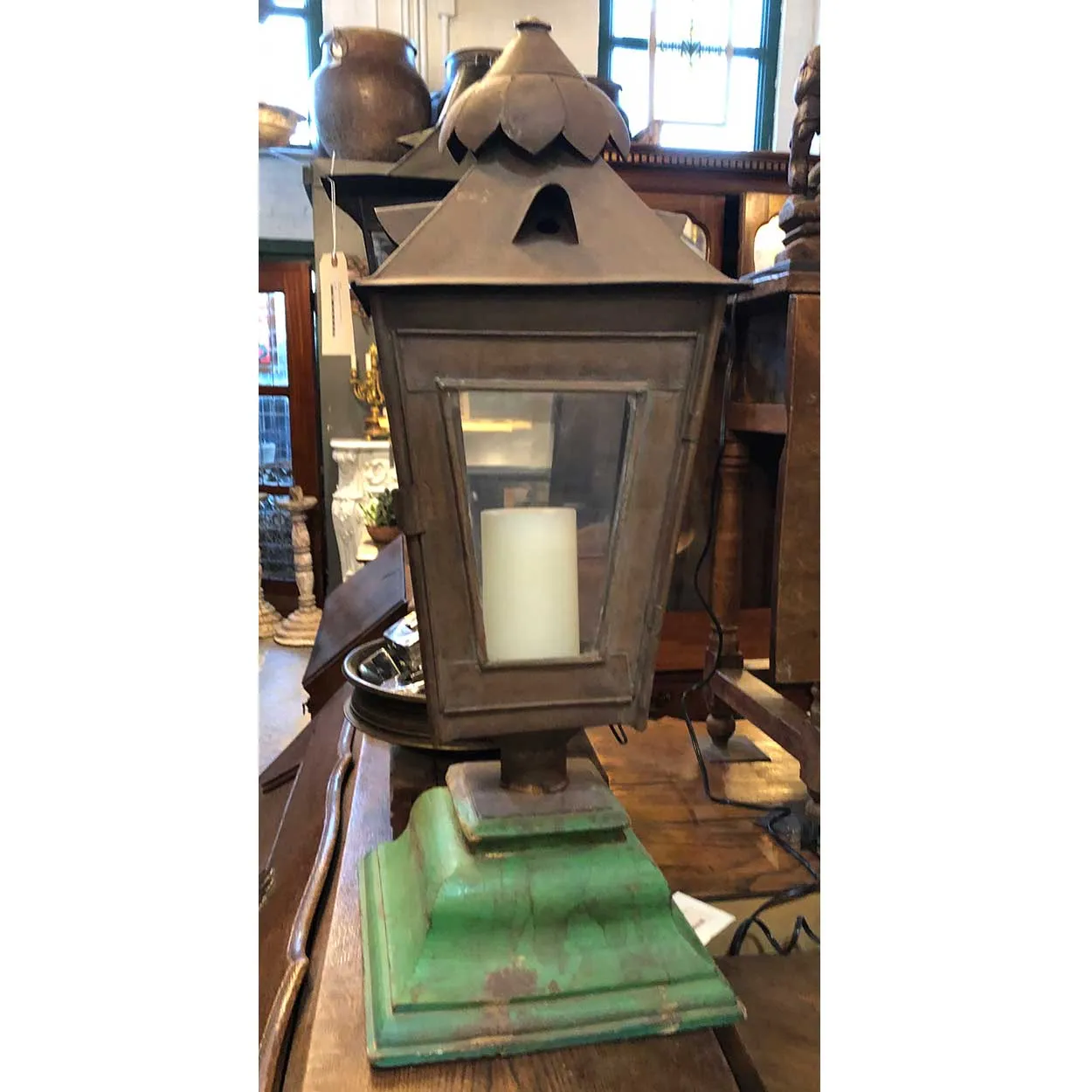 Anglo Indian Toleware, Glass, Painted Teak Base Candle Post Lantern