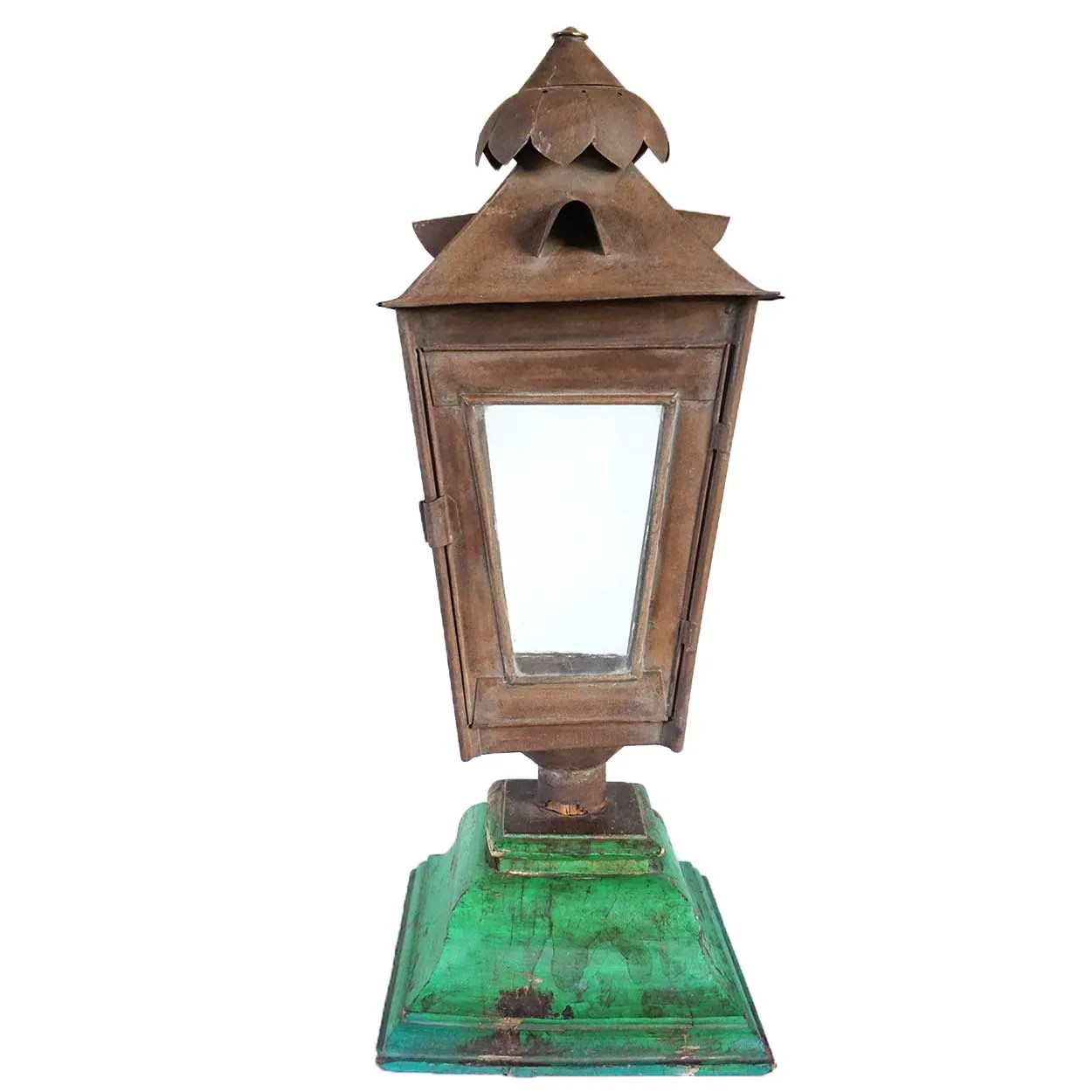 Anglo Indian Toleware, Glass, Painted Teak Base Candle Post Lantern