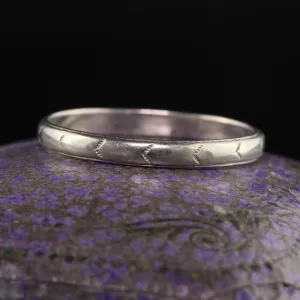 Antique Art Deco 18K White Gold Engraved Wedding Band - Size 6