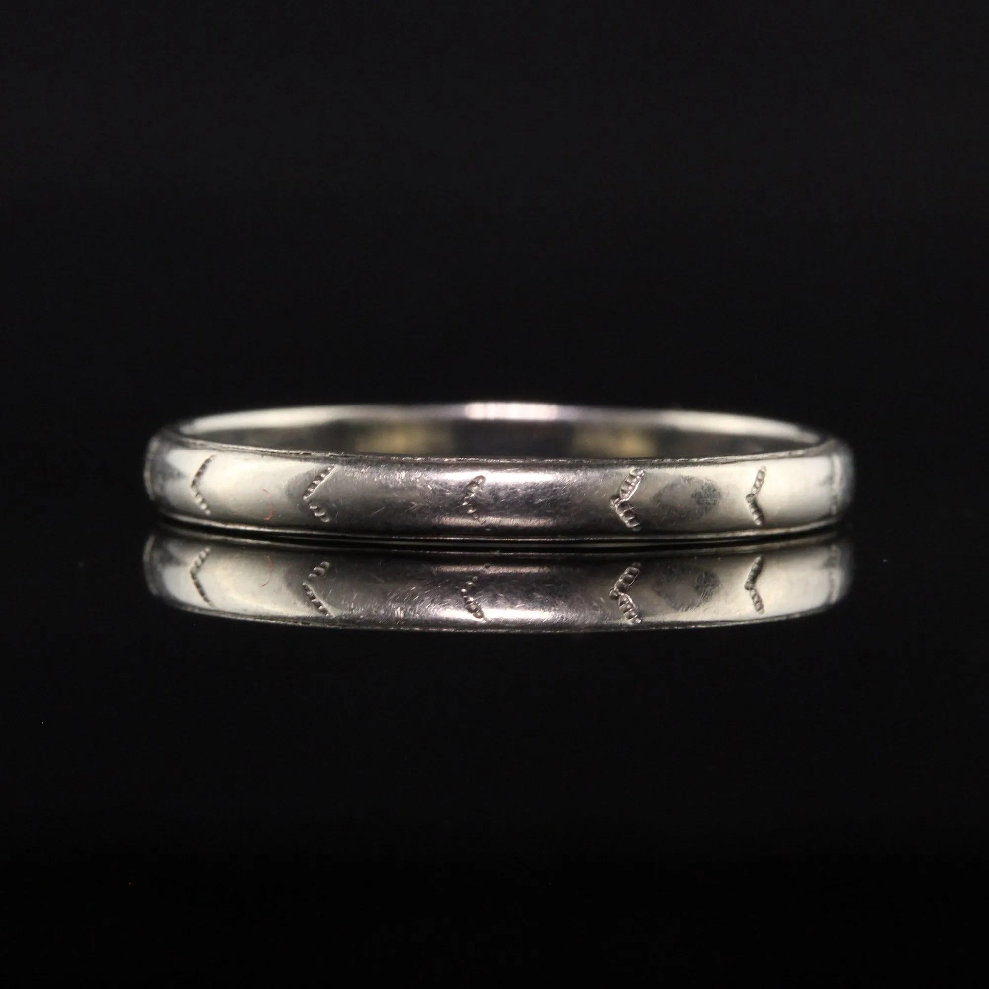 Antique Art Deco 18K White Gold Engraved Wedding Band - Size 6