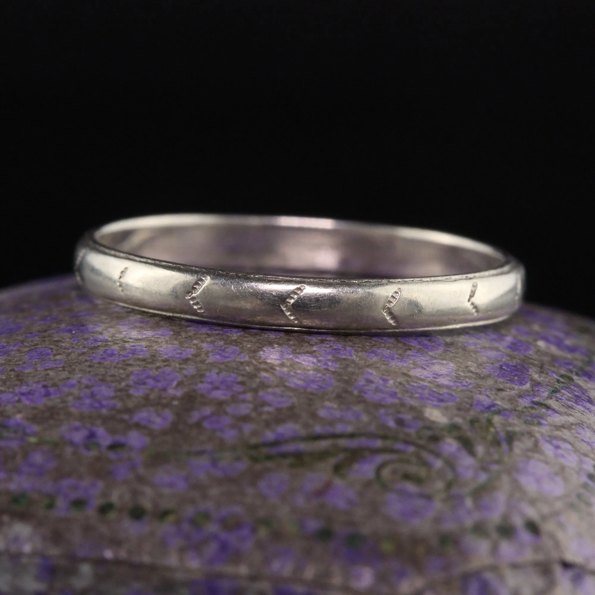 Antique Art Deco 18K White Gold Engraved Wedding Band - Size 6