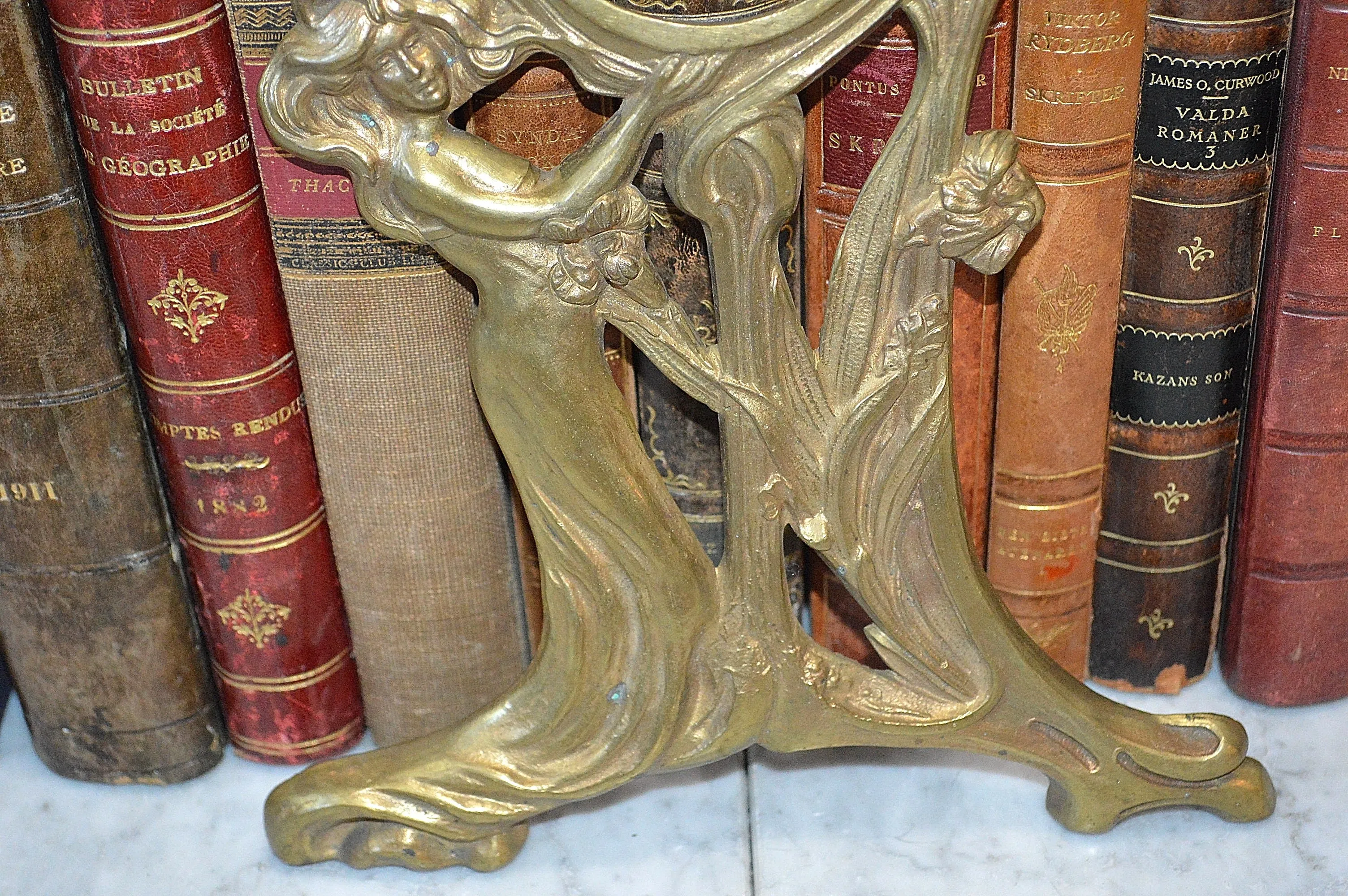 Antique Art Nouveau French Bronze Female Figural Clock Mirror Frame