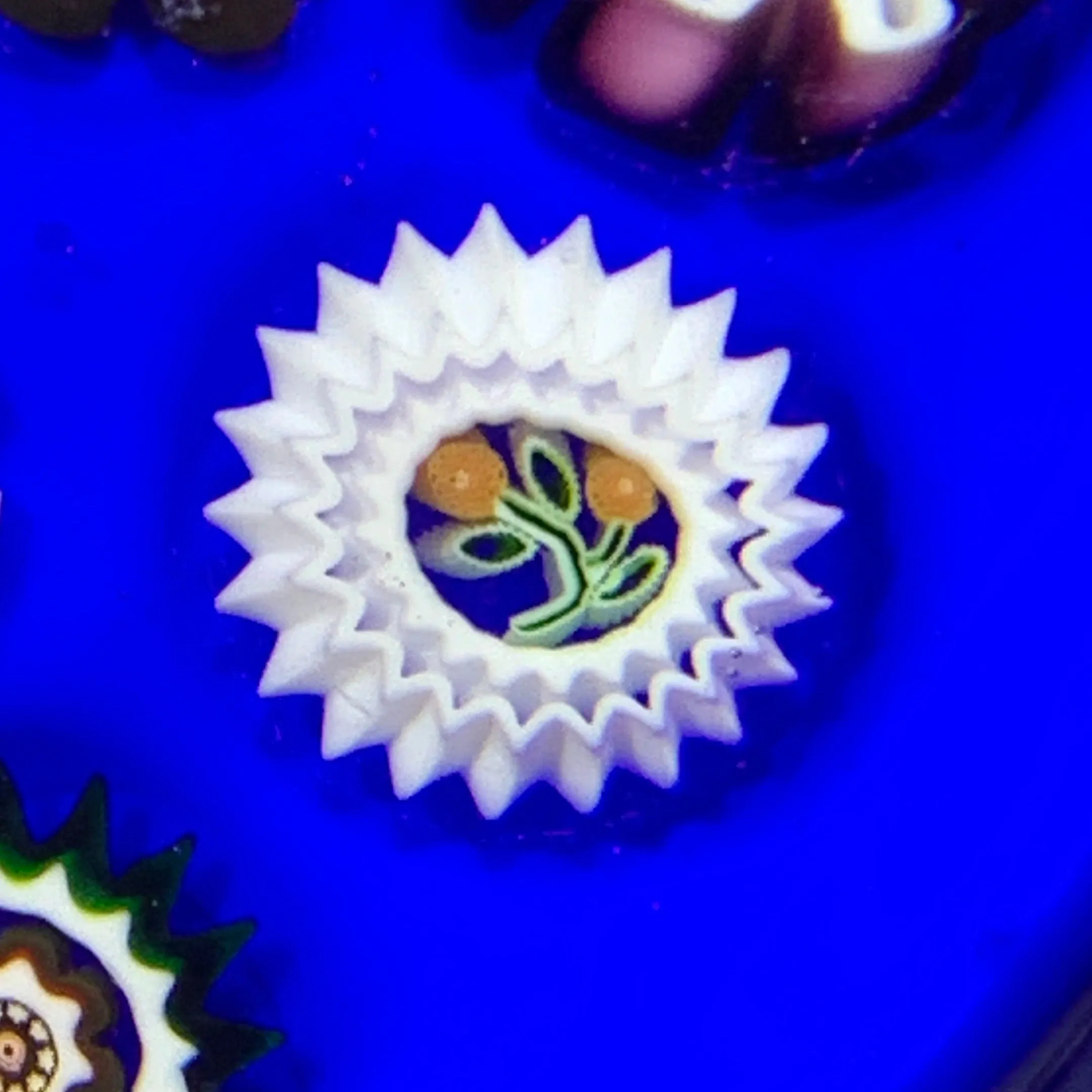Antique Baccarat Complex Millefiori On Opaque Blue Ground With Rare Rose Cane Center