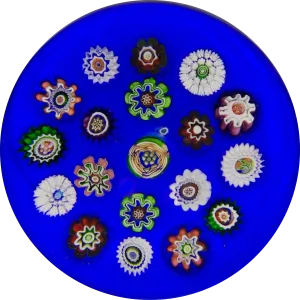 Antique Baccarat Complex Millefiori On Opaque Blue Ground With Rare Rose Cane Center