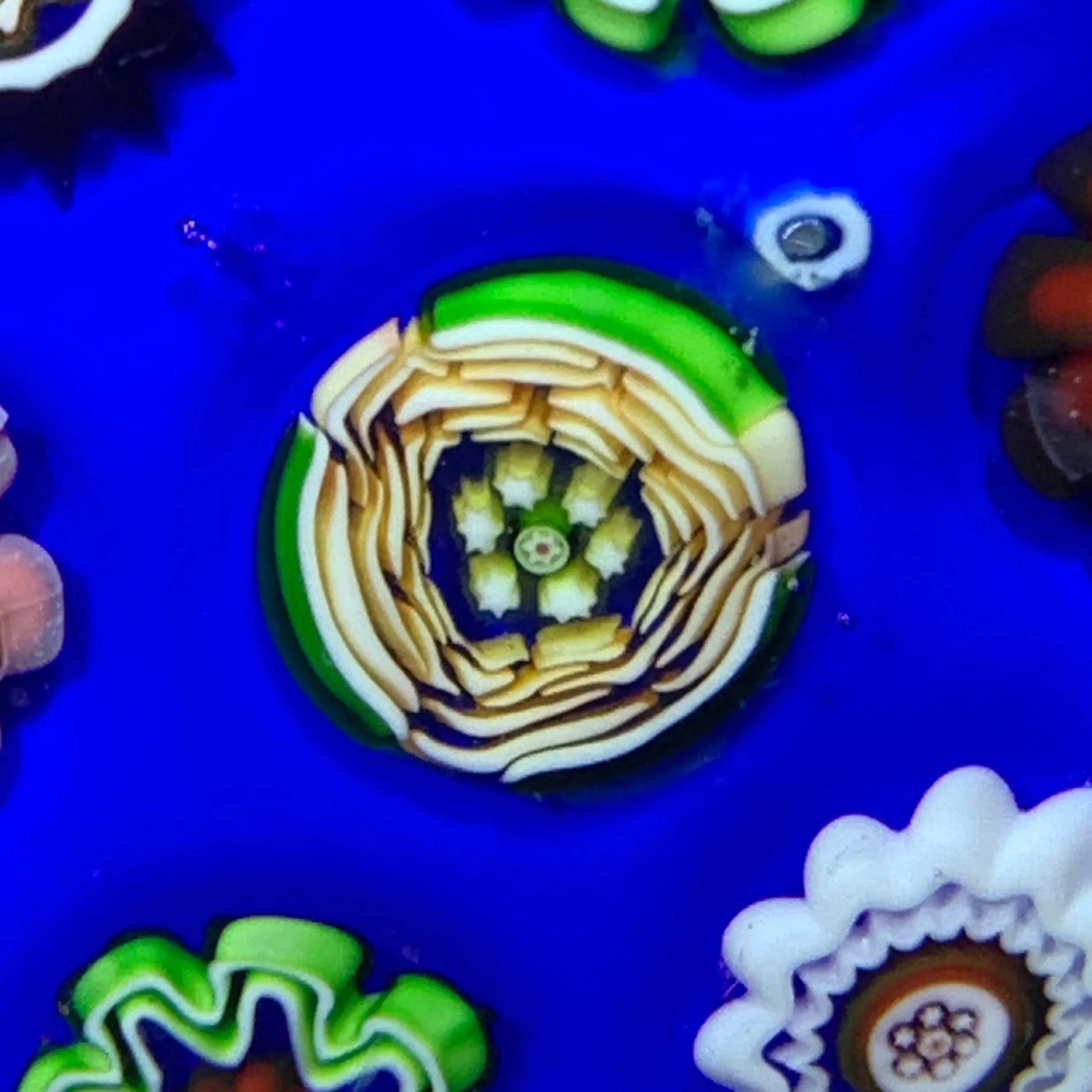Antique Baccarat Complex Millefiori On Opaque Blue Ground With Rare Rose Cane Center