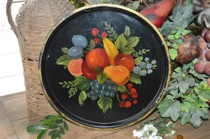 Antique Black Tole Tray Fruit and Flowers
